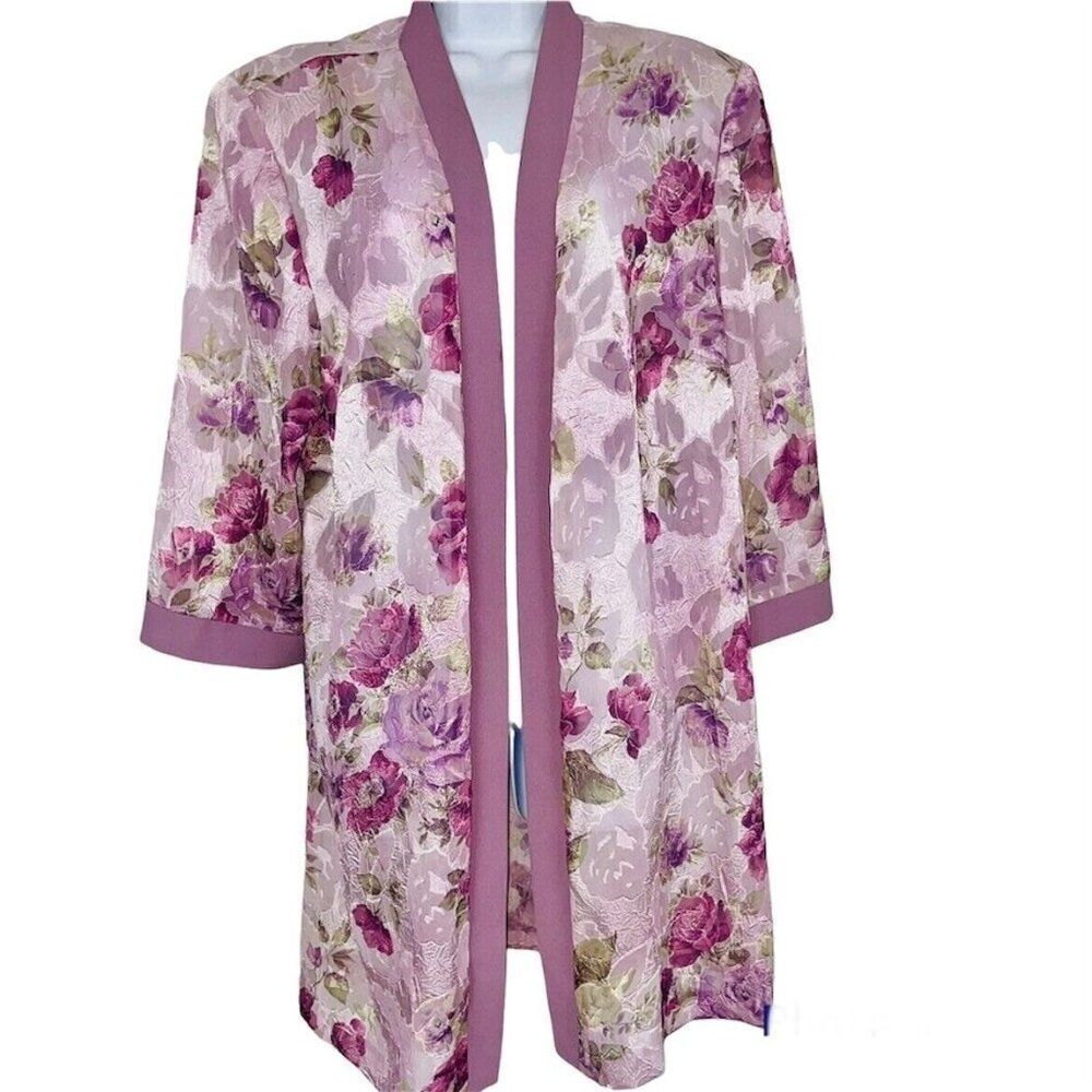Vintage Dressbarn Womens Top L Purple Floral Duster Topper Shoulder Pads